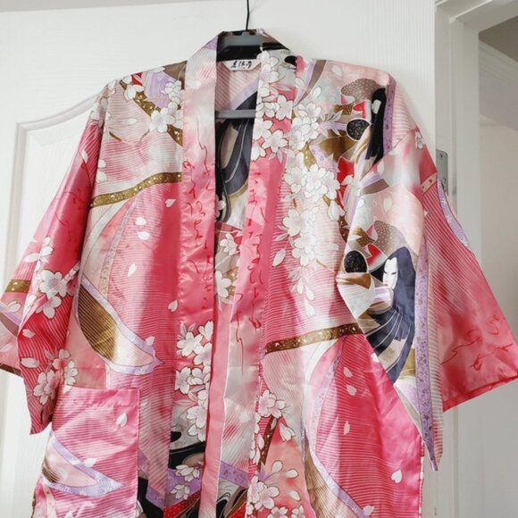 Vintage Japanese Traditional Satin Cherry Blossom Geisha Open Front Kimono OS - Picture 3 of 7
